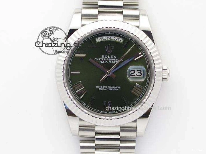 MiroTime 0424 Stretchable DayDate 40mm BP-Maker 228206 SS Green Roman Dial (Fluted Bezel) On SS Bracelet ETA 3904